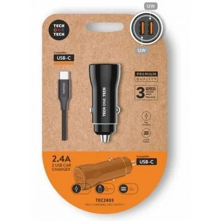 Tech One Tech TEC2803 Cargador de Coche 2xUSB-A con Cable USB-C de 1m, Negro Tech One Tech TEC2803 Cargador de Coche 2xUSB-A con Cable USB-C de 1m, Negro